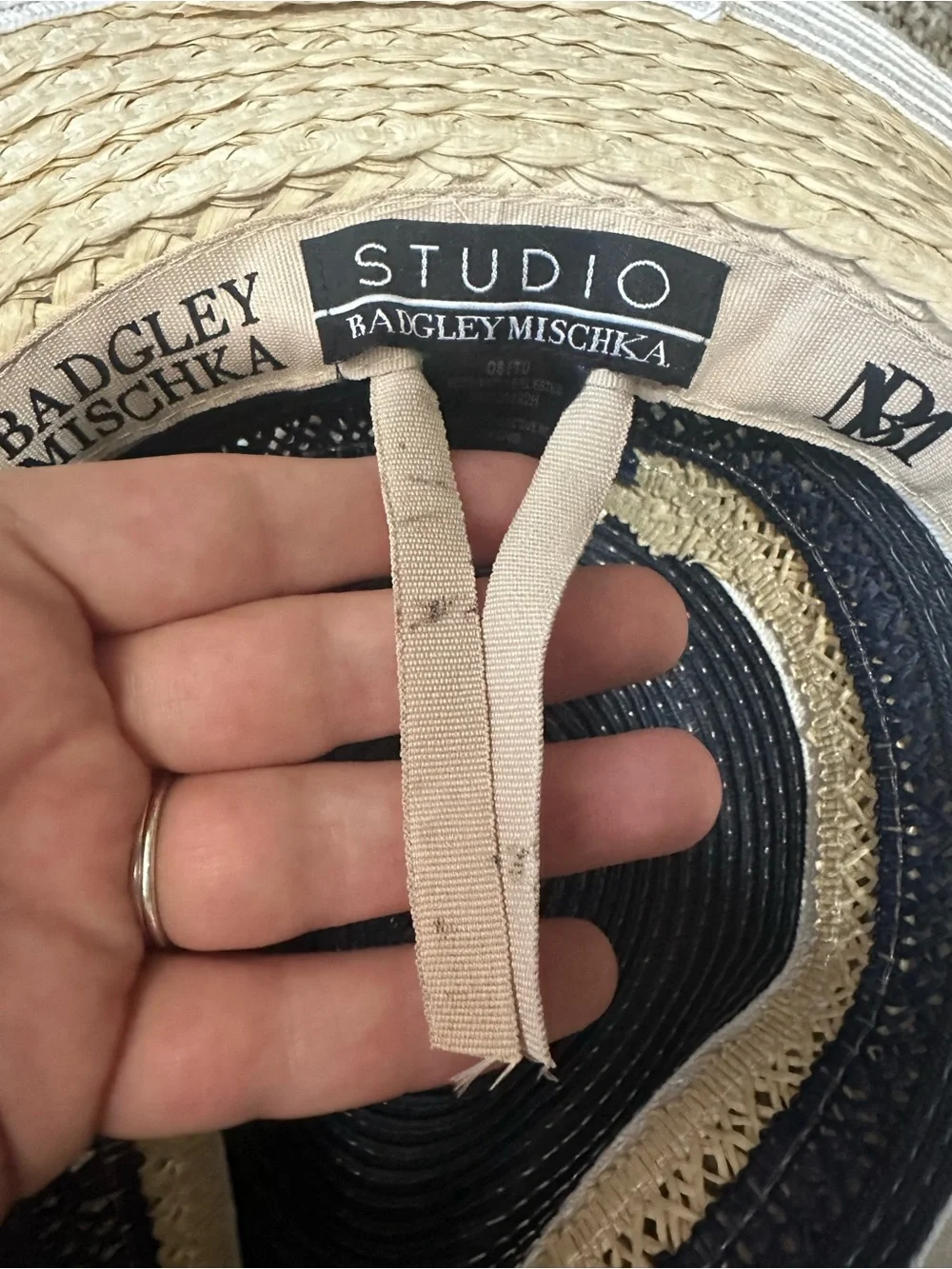 Badgley Mischka Navy, Natural & White Striped Straw Sun Hat